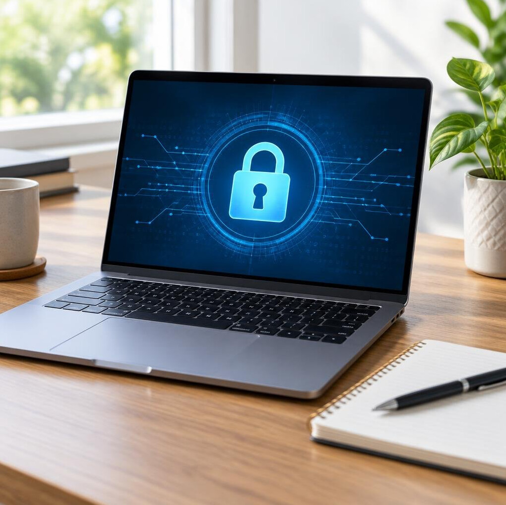 Open laptop showing a security lock icon with a notebook beside it