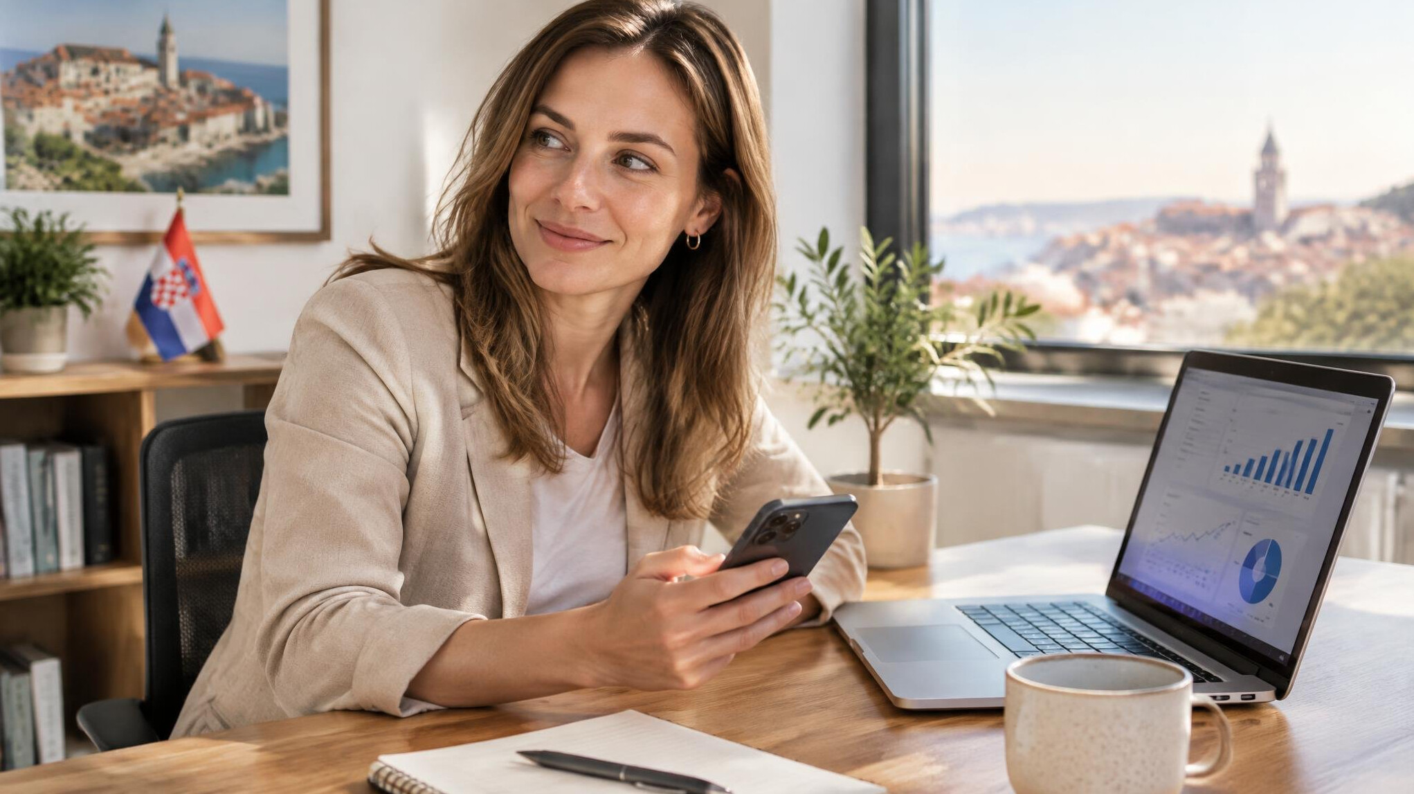 Woman using smartphone next to a laptop on a desk while reviewing documents