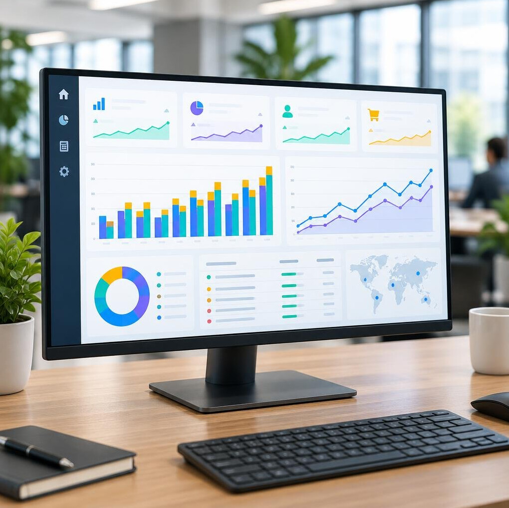Monitor displaying analytics dashboard with graphs and charts