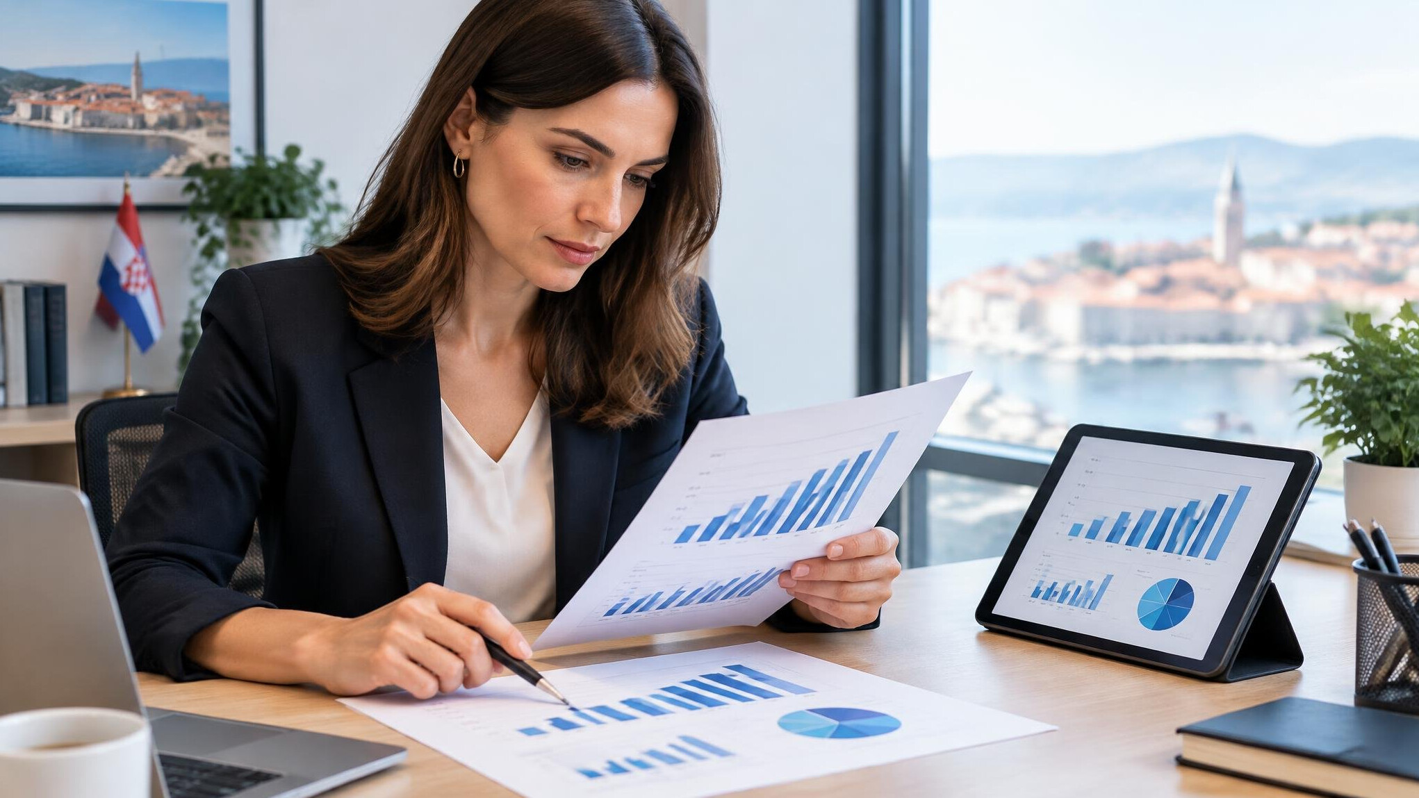 Person reviewing printed charts and a tablet at a desk