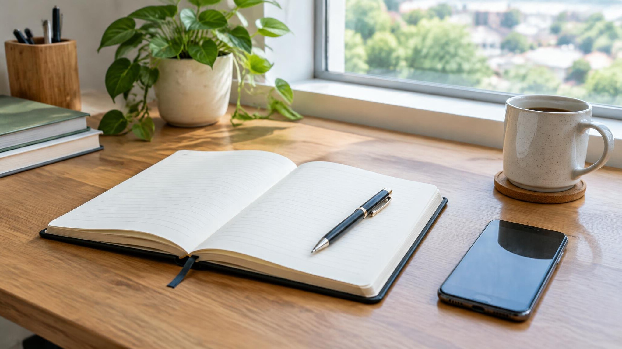 Open notebook and pen next to a phone on a desk near a window