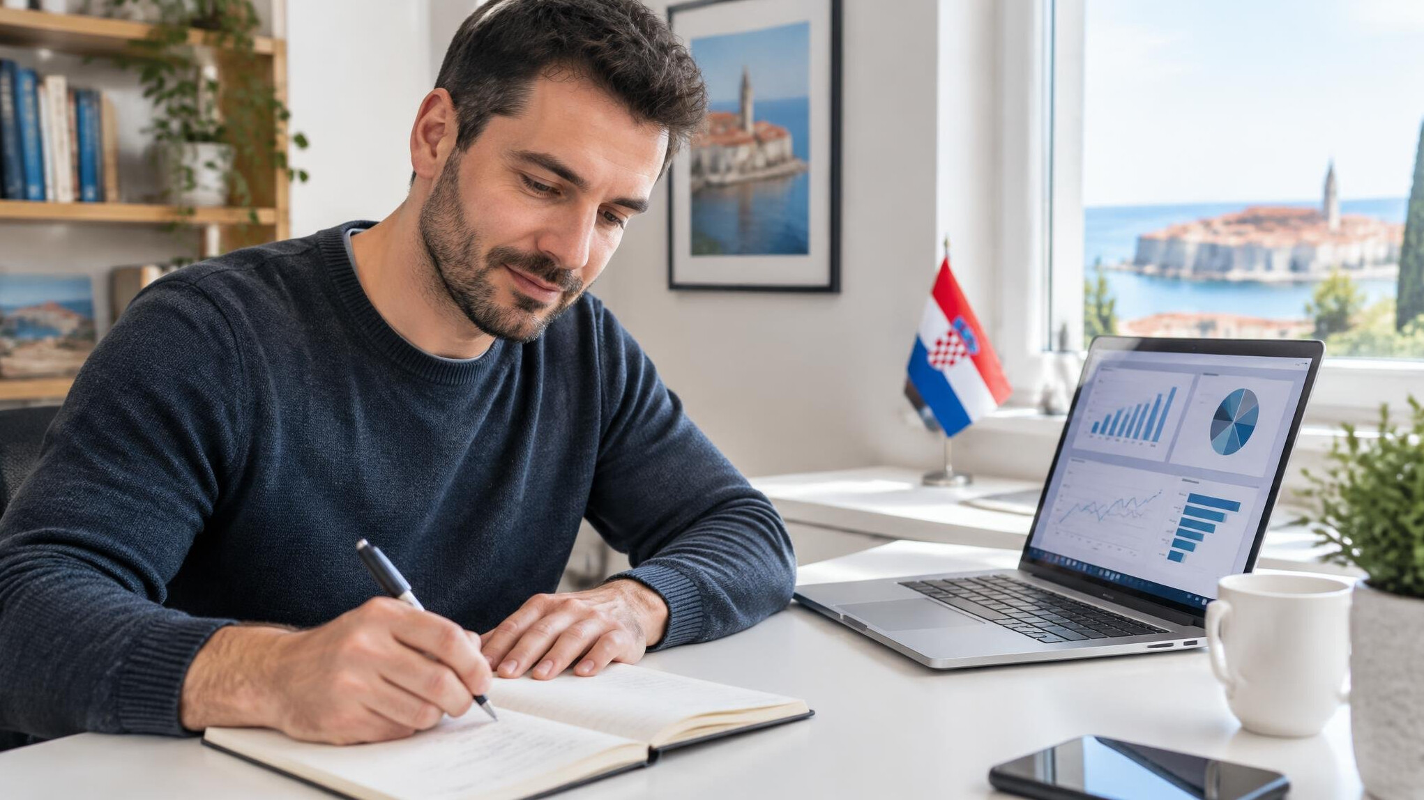 Person writing notes in a notebook beside an open laptop with charts