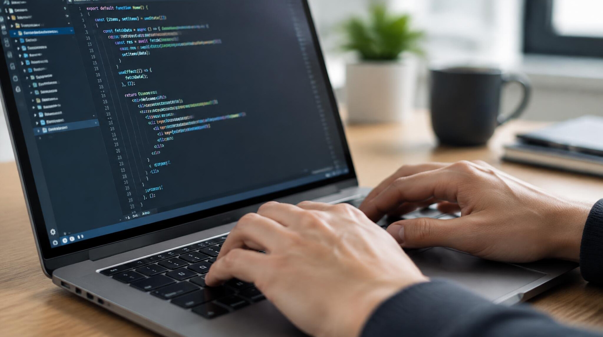 Close-up of hands typing on a laptop keyboard with code on screen
