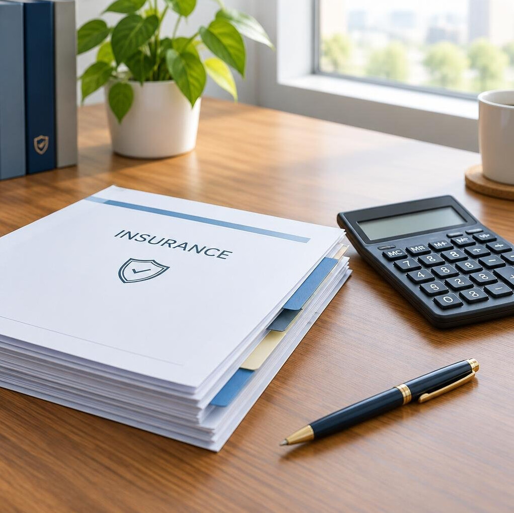 Stack of documents and a calculator on an office desk